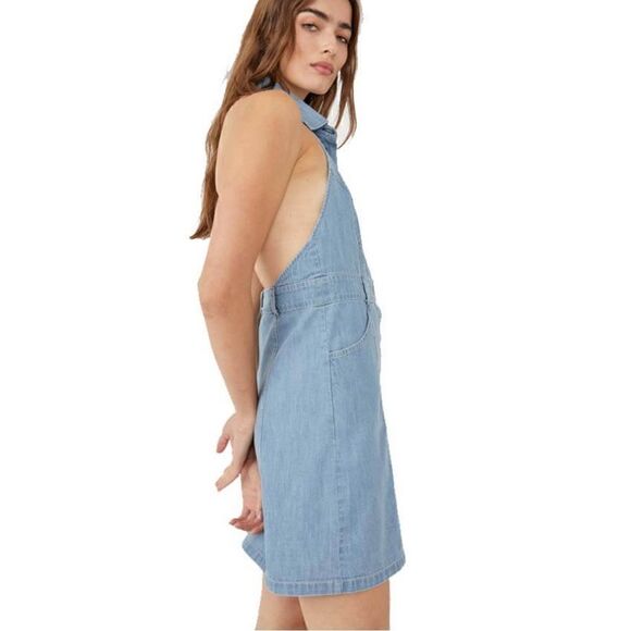 NWT Free People Sami Mini Dress Denim Blue Dress Halter Open Back Button Down L - Picture 2 of 11